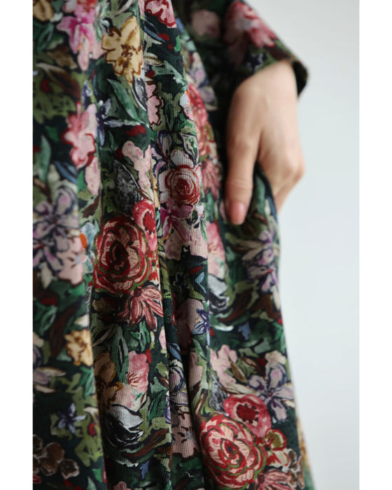 ヴィンテージ風花柄プリントのコットンコーデュロイミディアムワンピース