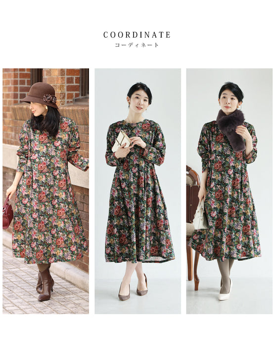 ヴィンテージ風花柄プリントのコットンコーデュロイミディアムワンピース