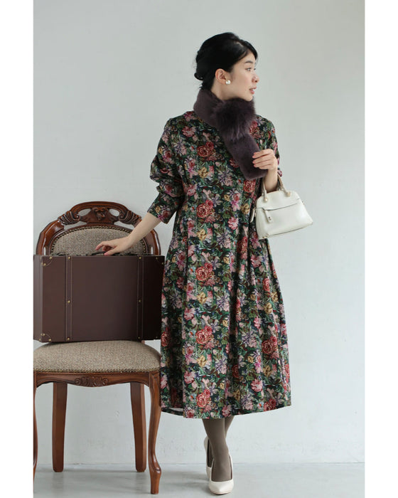 ヴィンテージ風花柄プリントのコットンコーデュロイミディアムワンピース