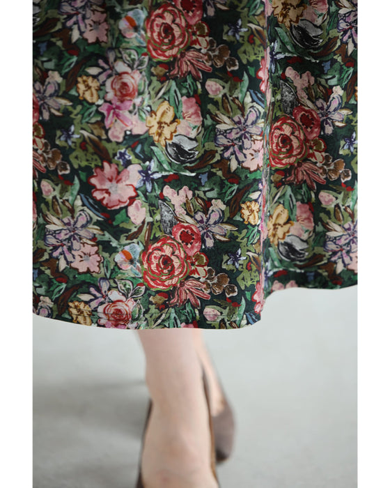 ヴィンテージ風花柄プリントのコットンコーデュロイミディアムワンピース