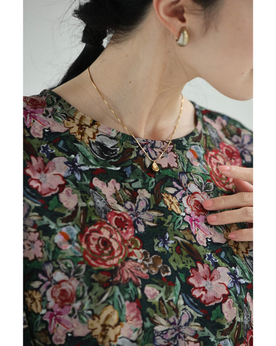 ヴィンテージ風花柄プリントのコットンコーデュロイミディアムワンピース