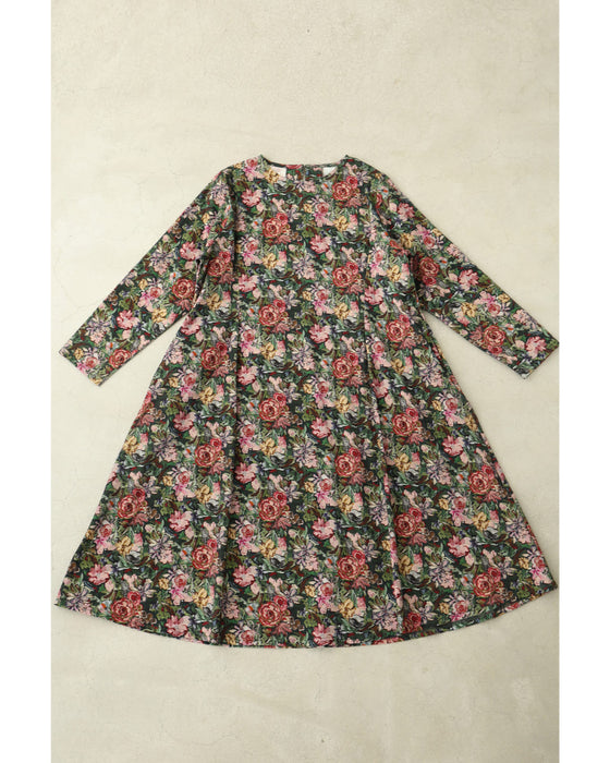 ヴィンテージ風花柄プリントのコットンコーデュロイミディアムワンピース