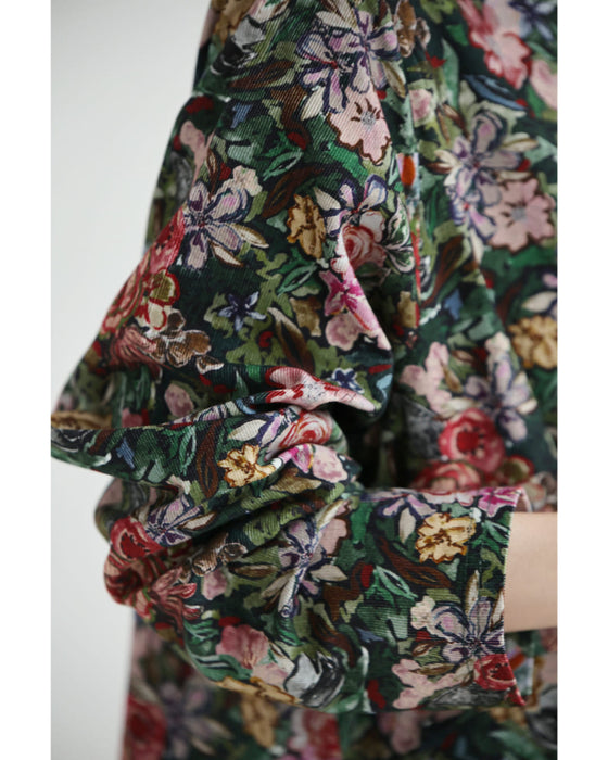 ヴィンテージ風花柄プリントのコットンコーデュロイミディアムワンピース