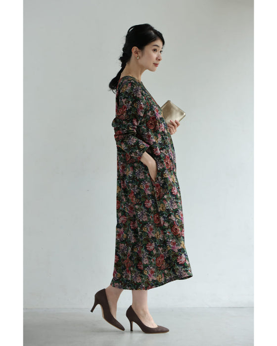 ヴィンテージ風花柄プリントのコットンコーデュロイミディアムワンピース