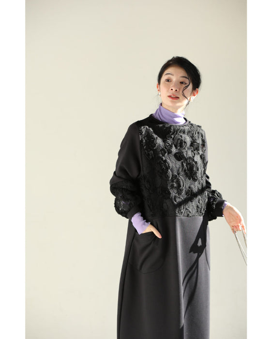 黒花レリーフのゆるやかコクーンシルエットミディアムワンピース