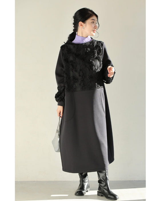 黒花レリーフのゆるやかコクーンシルエットミディアムワンピース