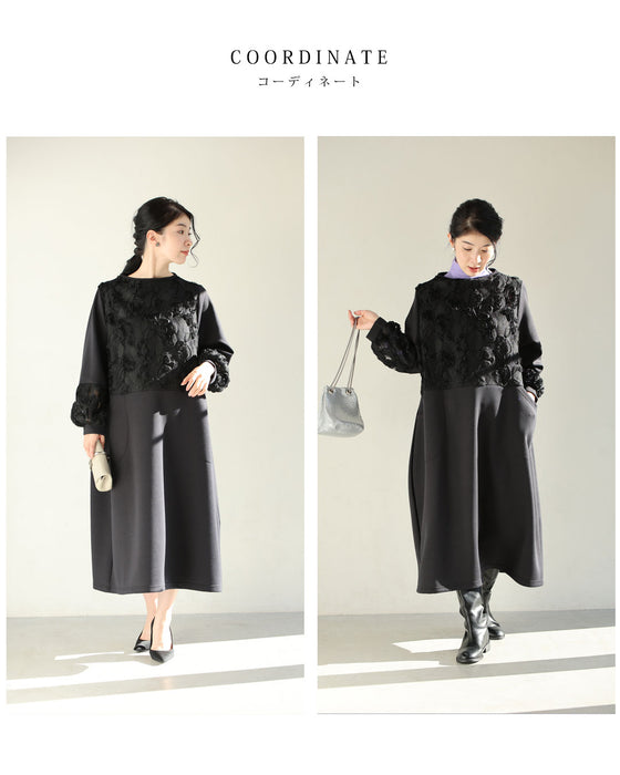 黒花レリーフのゆるやかコクーンシルエットミディアムワンピース