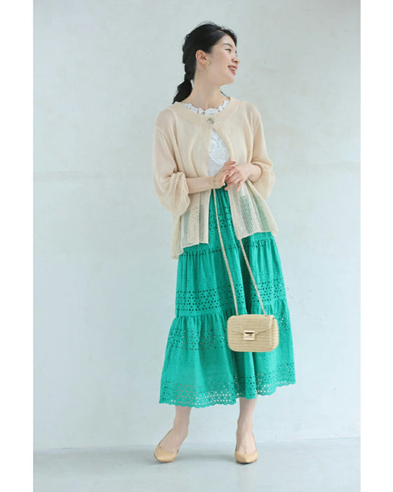 鮮やかグリーンのパンチングレースミディアムスカート(紐付き)