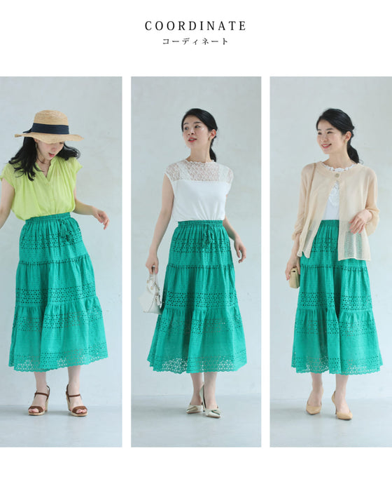 鮮やかグリーンのパンチングレースミディアムスカート(紐付き)