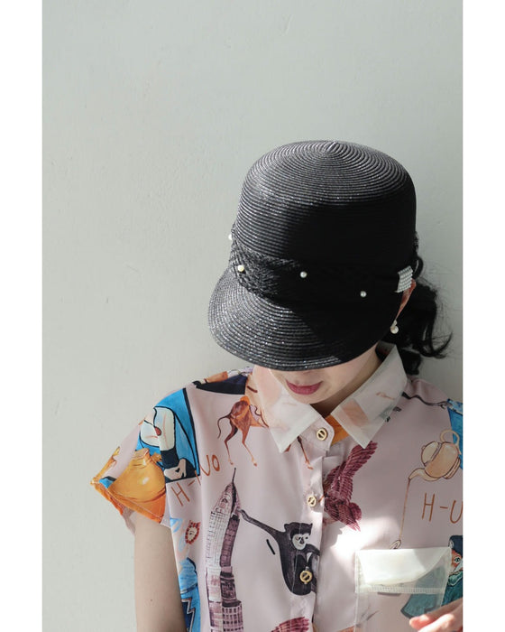デコレーションパールの麦わら風帽子