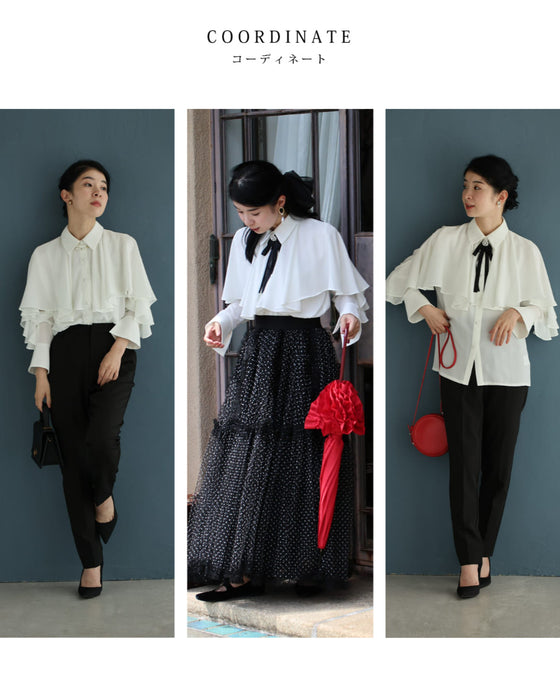 流れるようなフレアのクラシカルブラウストップス(ブローチ付き)