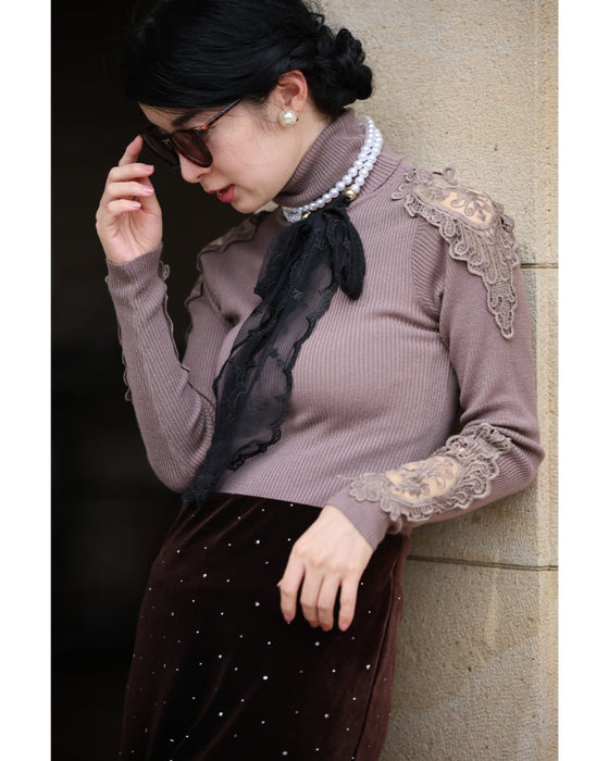 レースリボンとパールのマリアージュネックレス