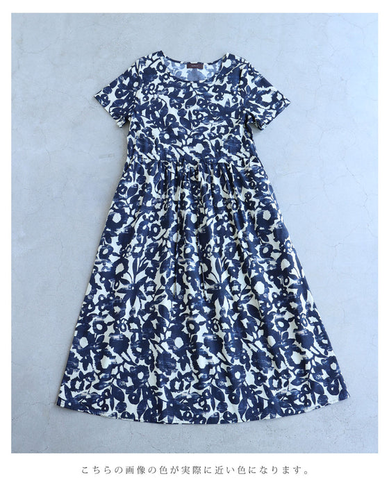 涼やかな版画風アートロングワンピース