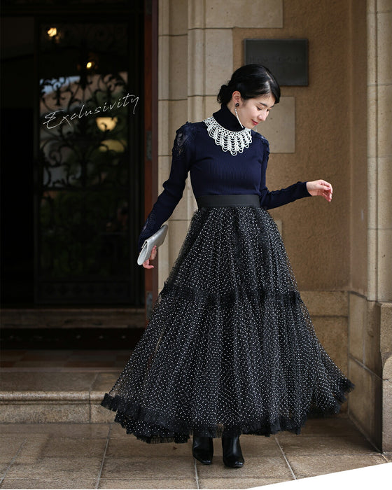 たっぷりふわふわドットチュールロングスカート