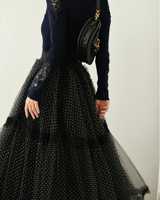 たっぷりふわふわドットチュールロングスカート