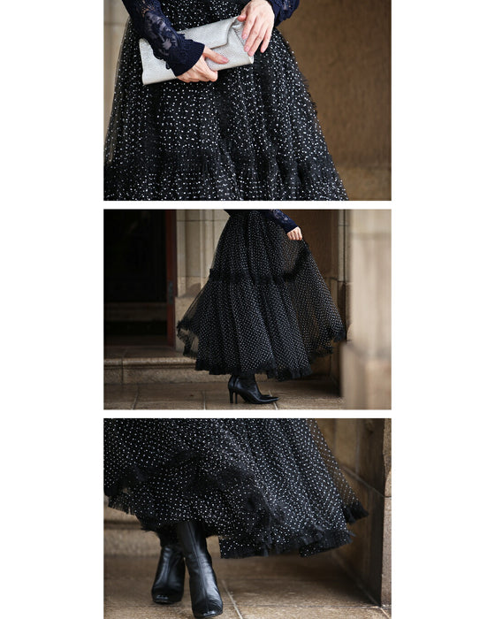 たっぷりふわふわドットチュールロングスカート