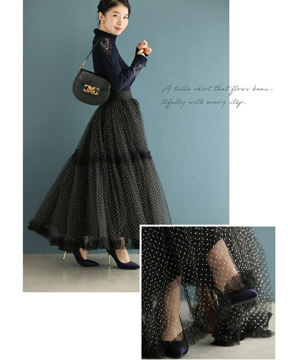 たっぷりふわふわドットチュールロングスカート