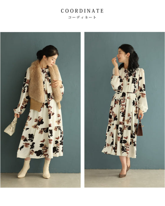 凛と咲く深みカラーの花柄ミディアムワンピース(紐リボン付き)