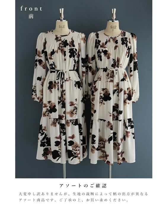 凛と咲く深みカラーの花柄ミディアムワンピース(紐リボン付き)