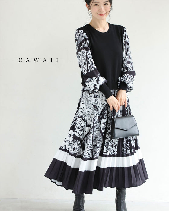 モノトーンなアートが広がるドッキングニットロングワンピース