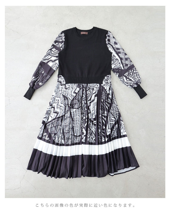 モノトーンなアートが広がるドッキングニットロングワンピース