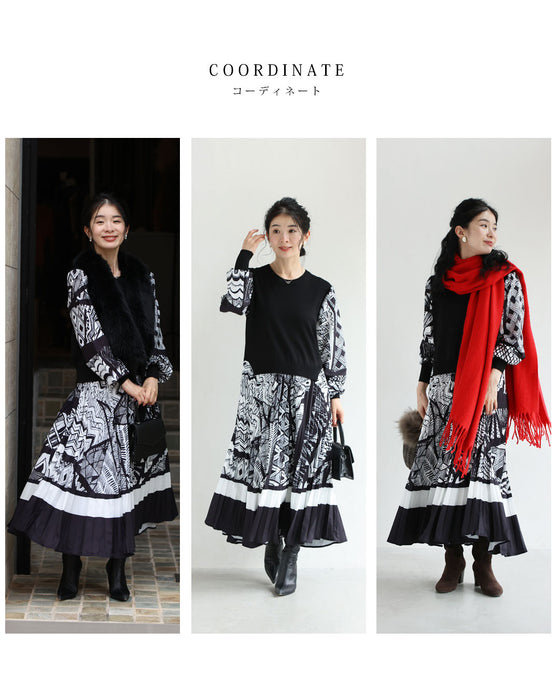 モノトーンなアートが広がるドッキングニットロングワンピース