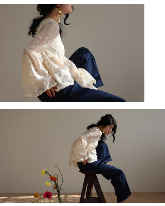 光に溶け込む華刺繍フレア袖ブラウストップス
