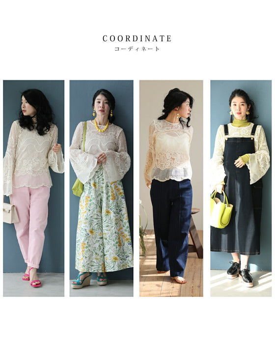 光に溶け込む華刺繍フレア袖ブラウストップス