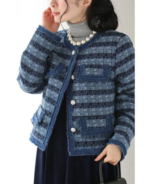 ストライプ模様浮かぶ手織り風ツイードジャケット