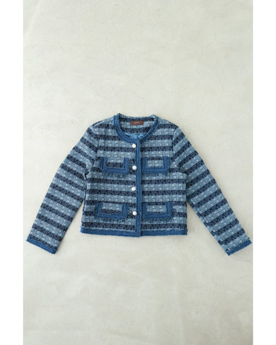 ストライプ模様浮かぶ手織り風ツイードジャケット
