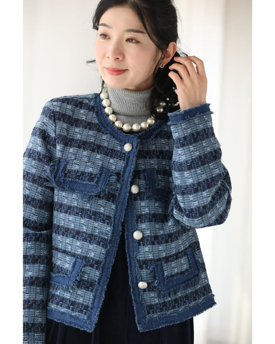 ストライプ模様浮かぶ手織り風ツイードジャケット