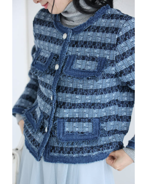 ストライプ模様浮かぶ手織り風ツイードジャケット