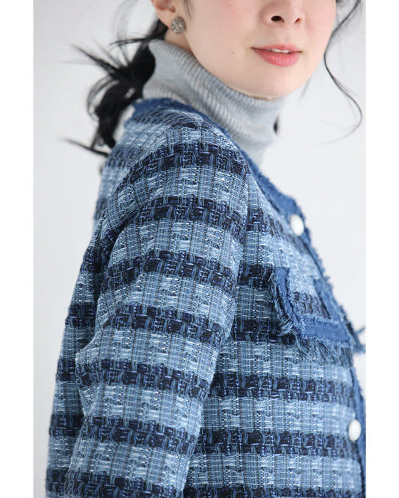 ストライプ模様浮かぶ手織り風ツイードジャケット