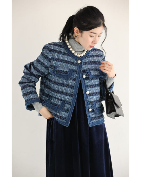 ストライプ模様浮かぶ手織り風ツイードジャケット