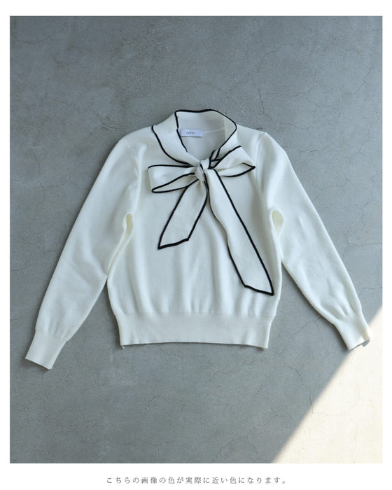 縁取りリボンネックのニットプルオーバートップス