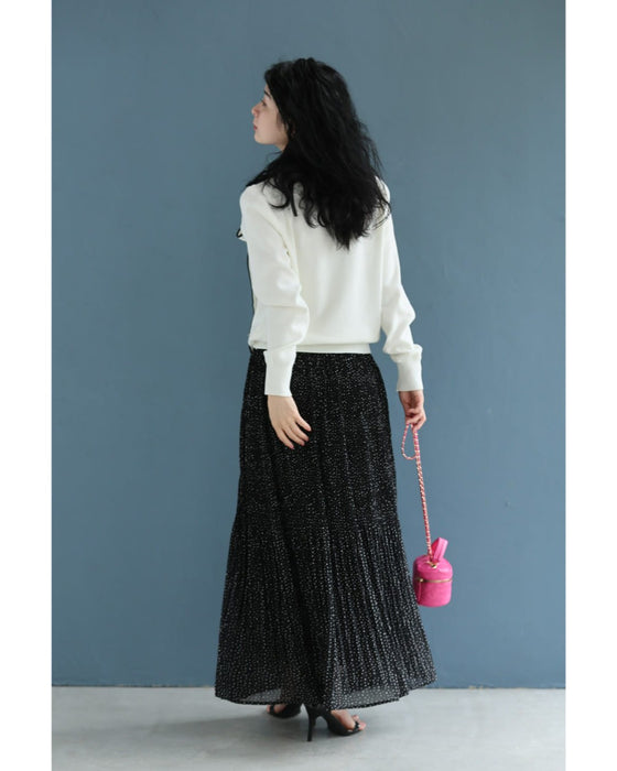 縁取りリボンネックのニットプルオーバートップス