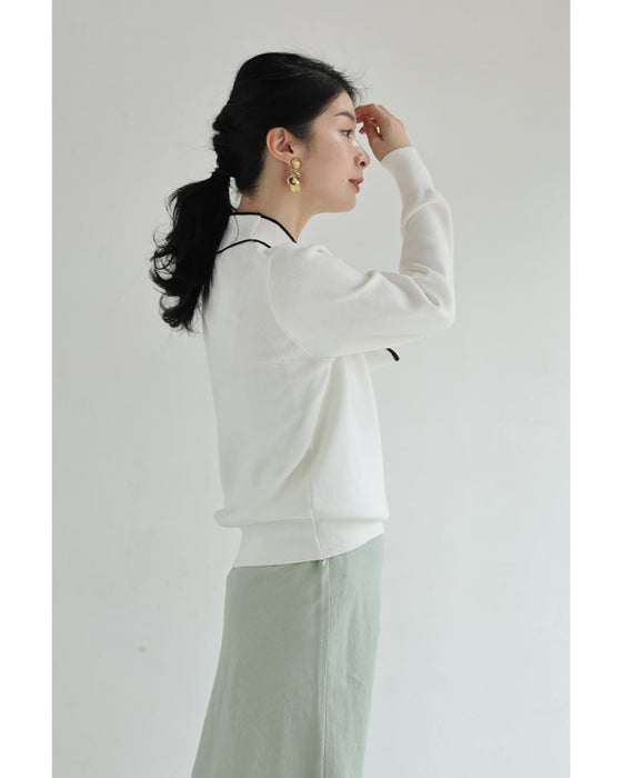 縁取りリボンネックのニットプルオーバートップス