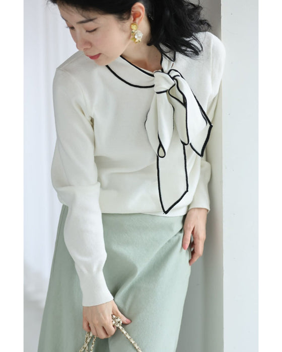 縁取りリボンネックのニットプルオーバートップス