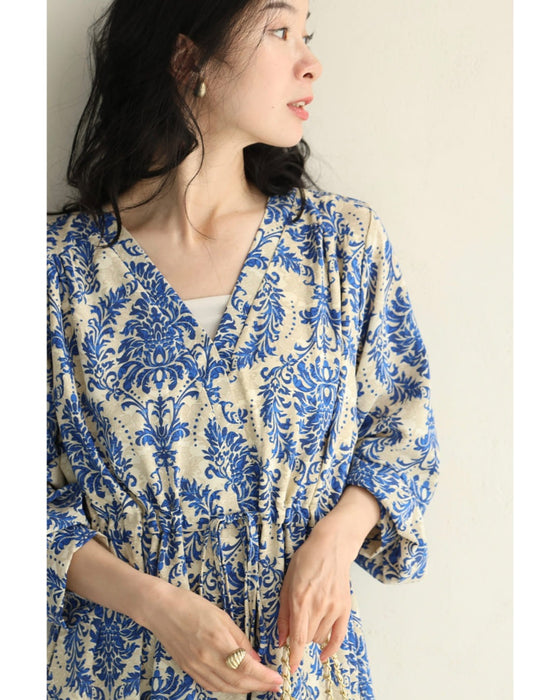 【予約商品】美しい青のダマスク柄ミディアムワンピース