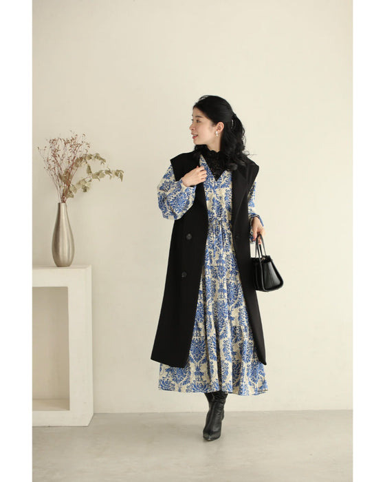 【予約商品】美しい青のダマスク柄ミディアムワンピース