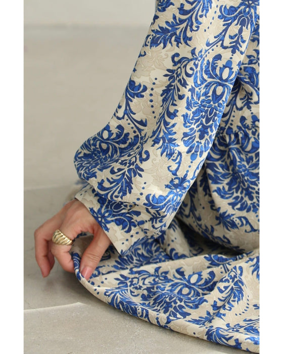 【予約商品】美しい青のダマスク柄ミディアムワンピース