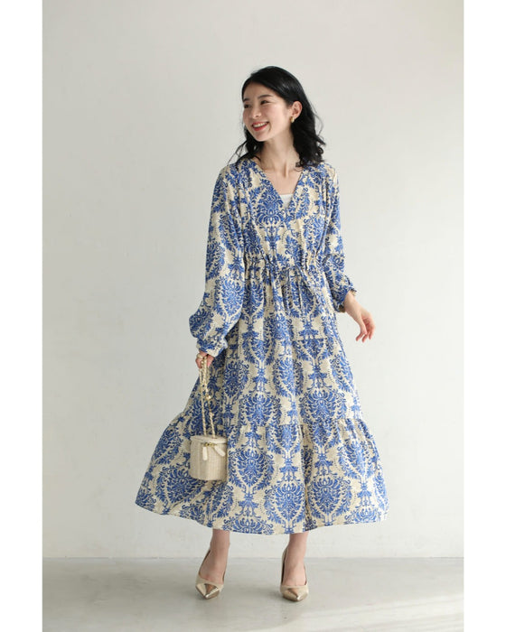 【予約商品】美しい青のダマスク柄ミディアムワンピース