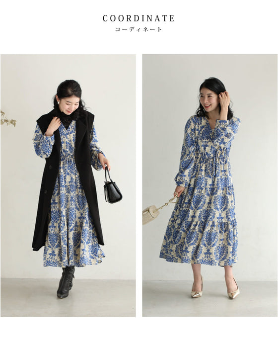 【予約商品】美しい青のダマスク柄ミディアムワンピース