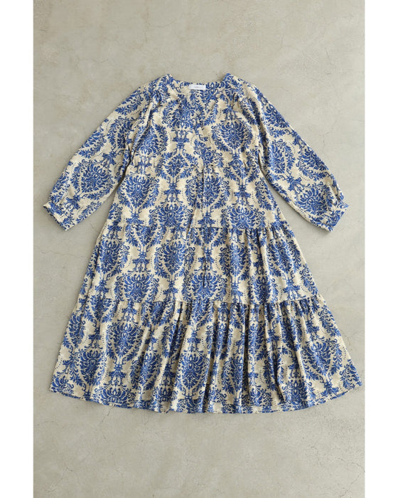 【予約商品】美しい青のダマスク柄ミディアムワンピース