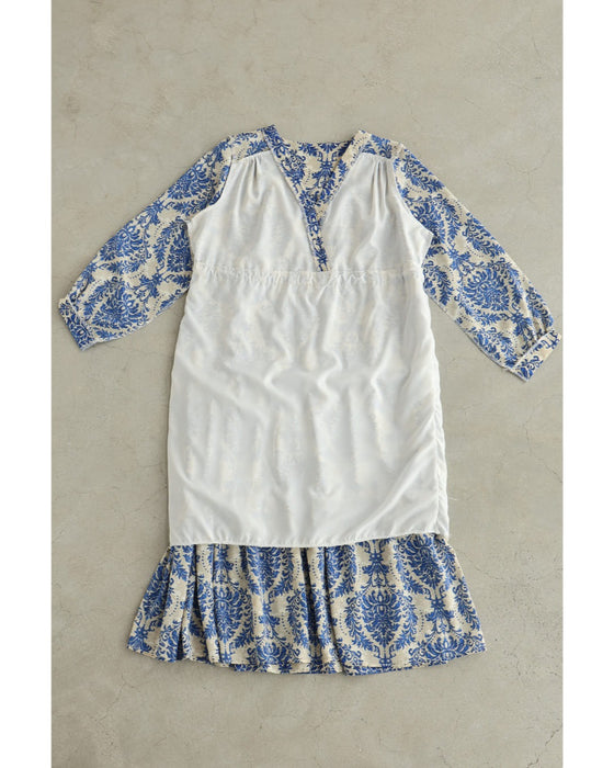 【予約商品】美しい青のダマスク柄ミディアムワンピース