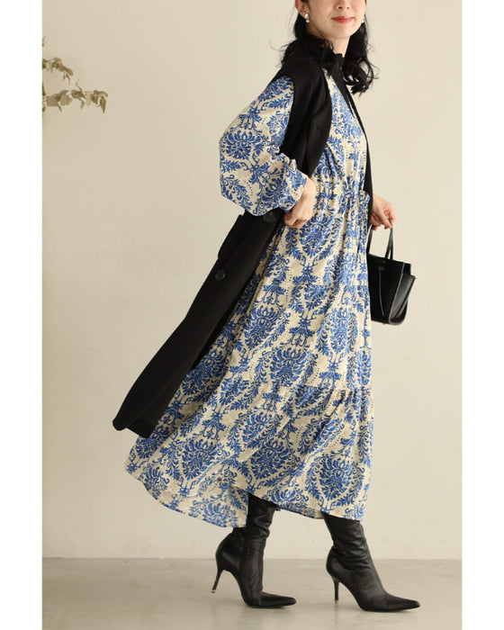 【予約商品】美しい青のダマスク柄ミディアムワンピース