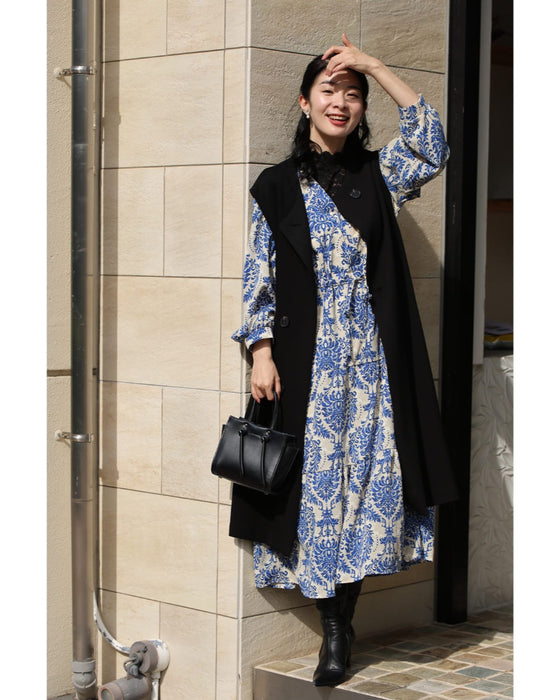 【予約商品】美しい青のダマスク柄ミディアムワンピース