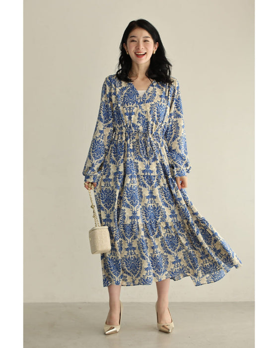 【予約商品】美しい青のダマスク柄ミディアムワンピース