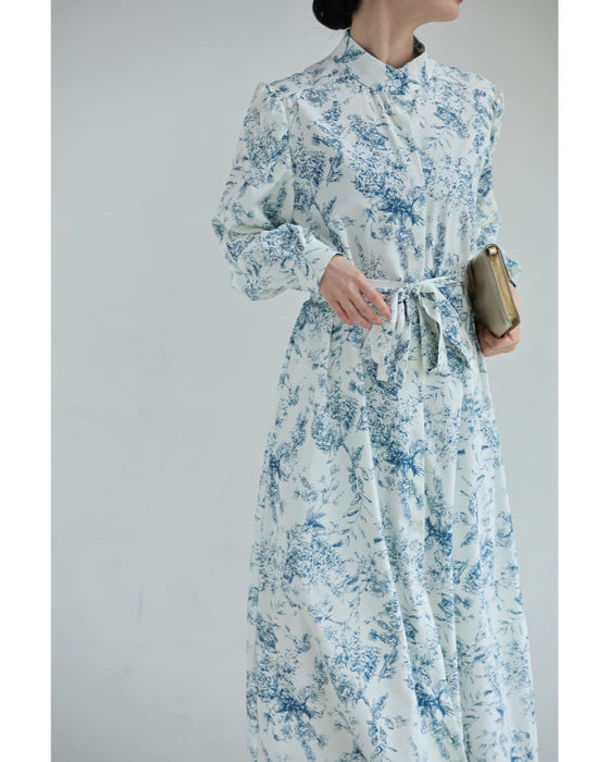 風にそよぐ植物デッサン柄ロングワンピース