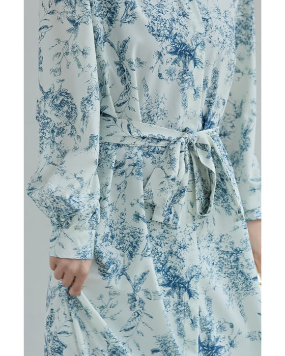 風にそよぐ植物デッサン柄ロングワンピース